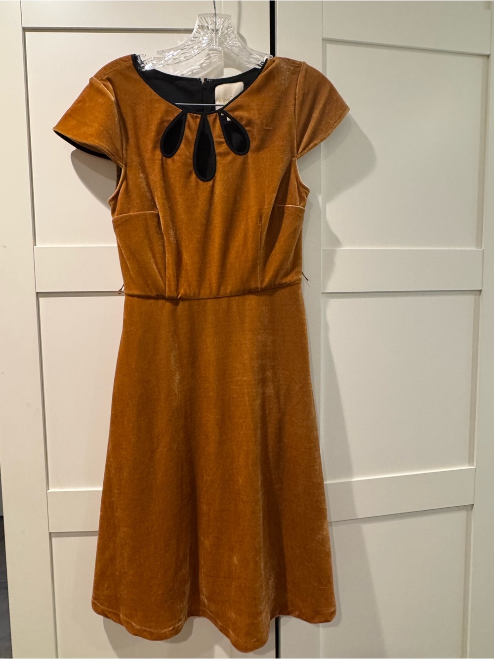 Women's Velvet A-Line Dress in mustard with Keyhole Detail